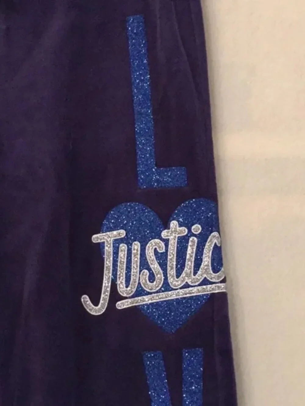 Justice navy blue velour glitter LOVE graphic sweatsuit pants